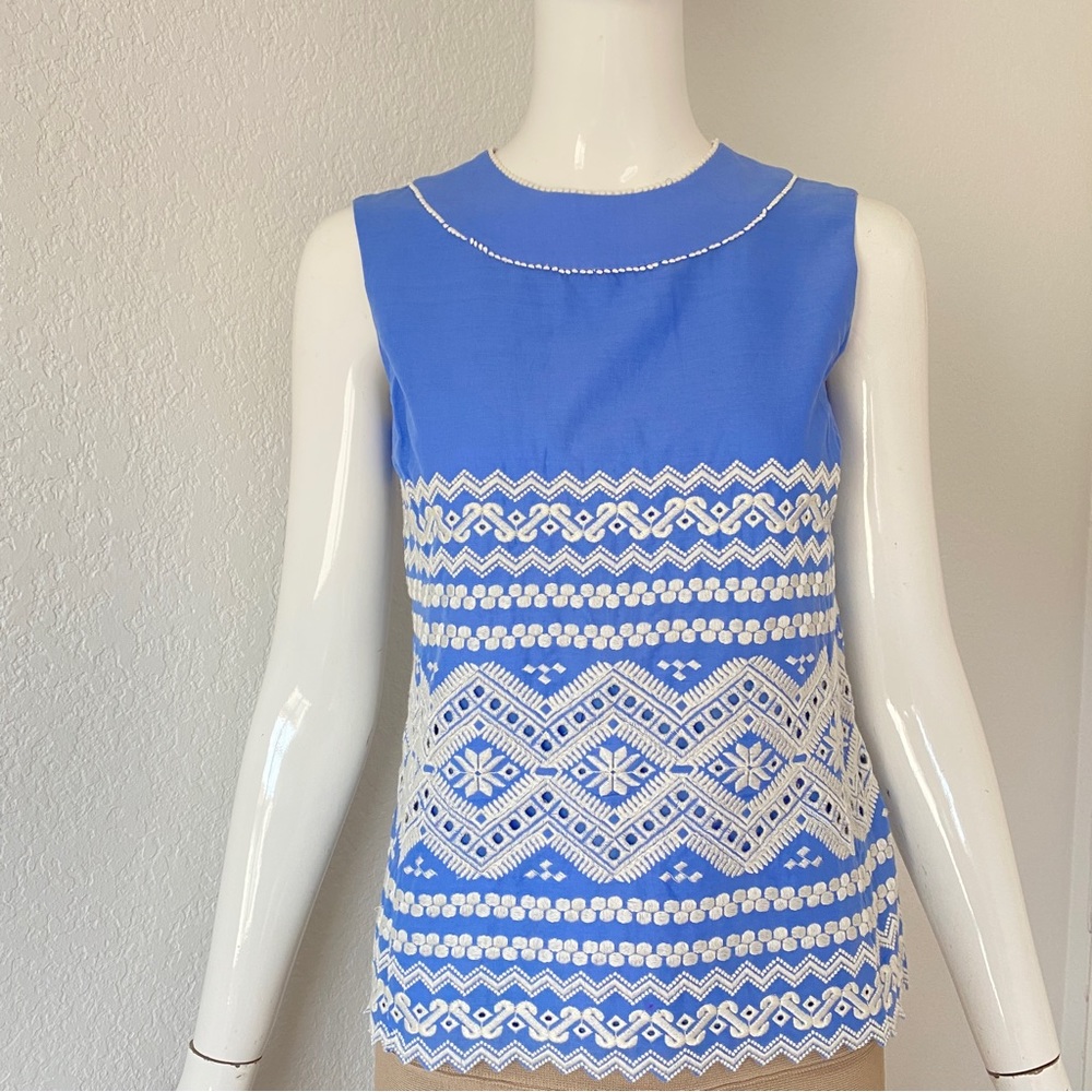 Tory Burch blue white embroidery top